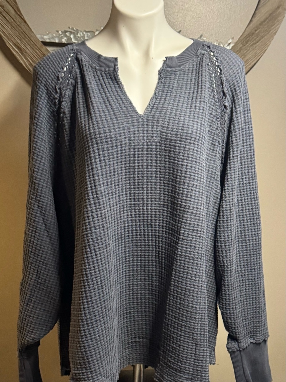 American Eagle Outfitters Waffle Knit Split-Neck Pullover - Gray Blue